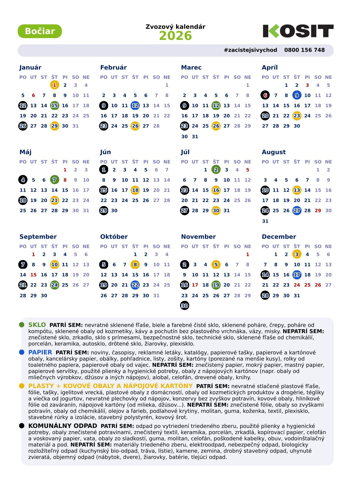 Kosit zvozový kalendár 2026