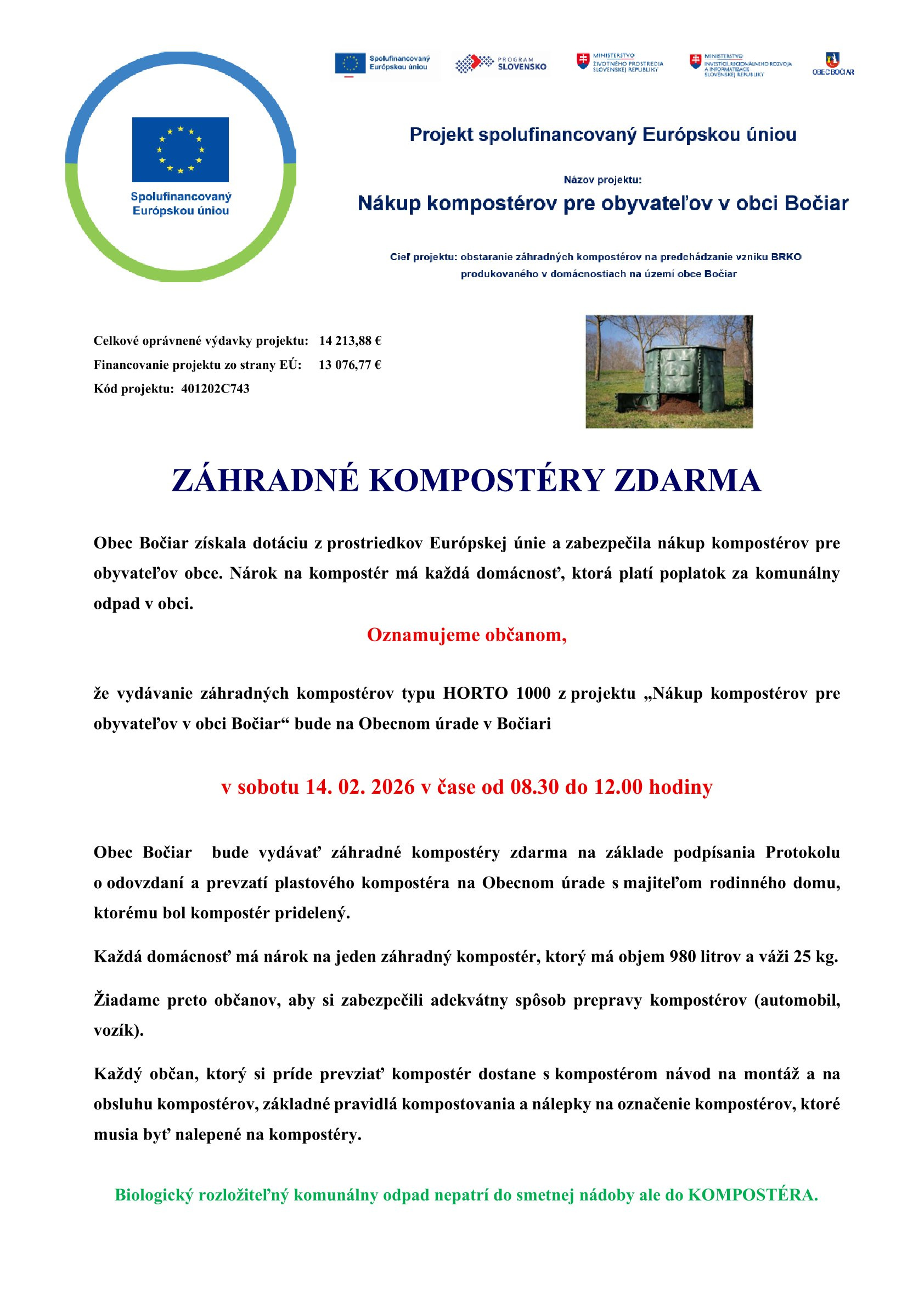 Oznámenie o odovzdaní kompostérov